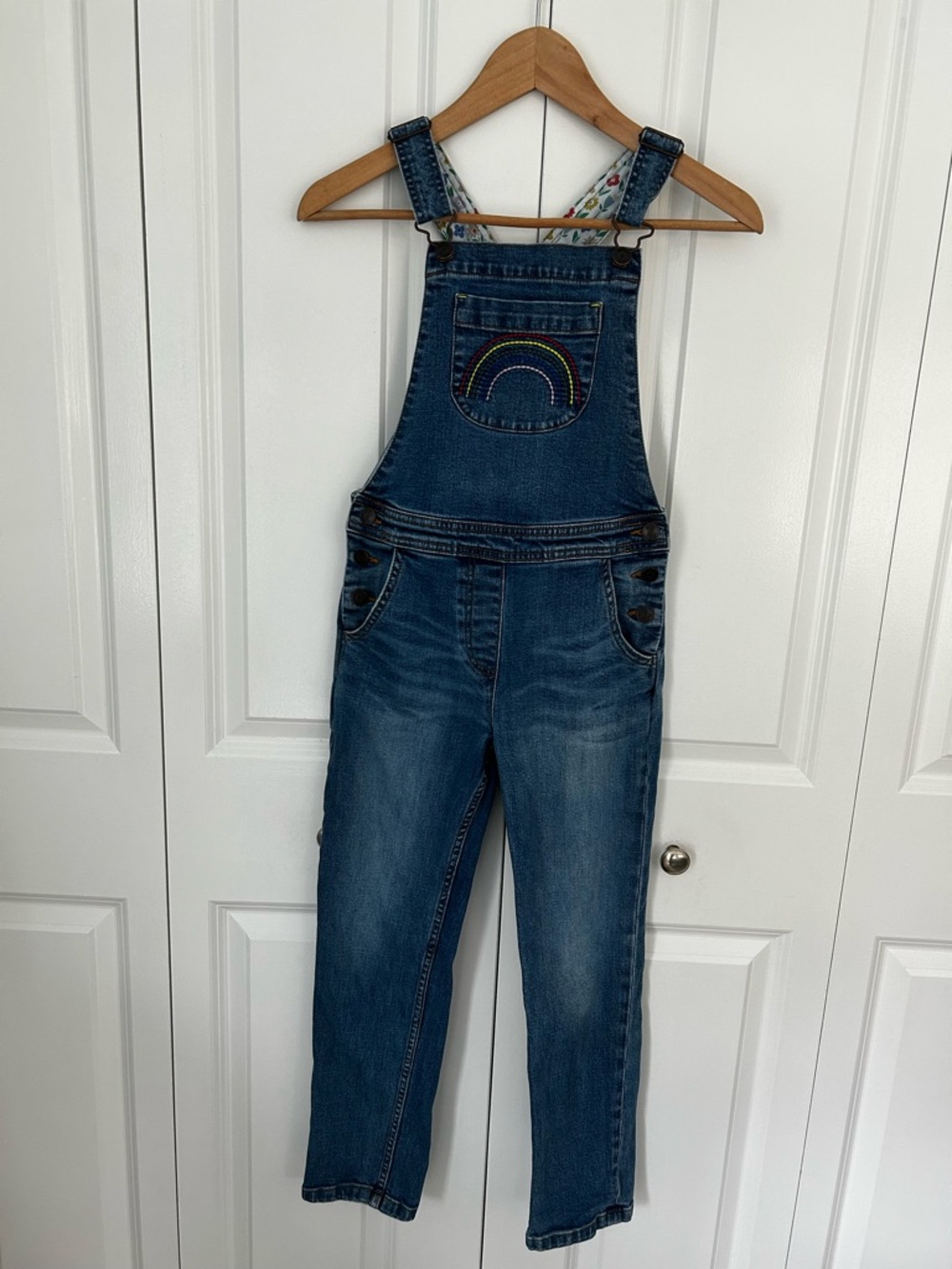 Boden girls size 9-10 years blue denim overalls with embroidered rainbow